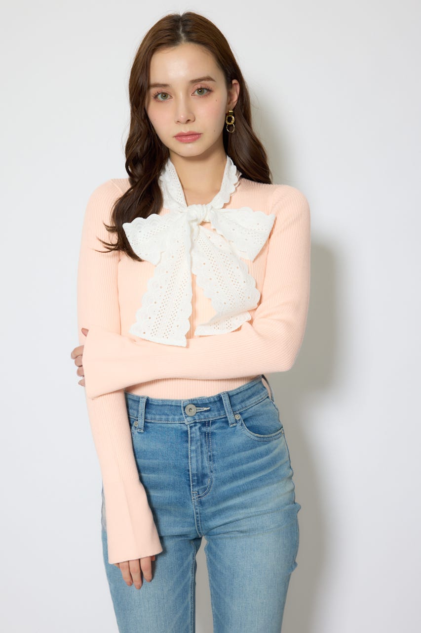 コットンレースリボンニットトップス PNK FREE