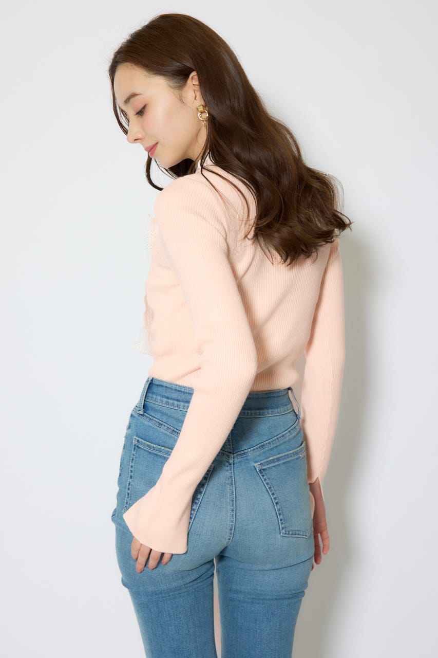 コットンレースリボンニットトップス PNK FREE