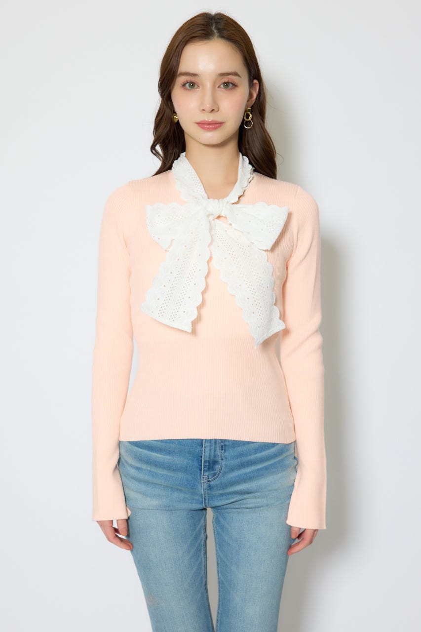 コットンレースリボンニットトップス PNK FREE