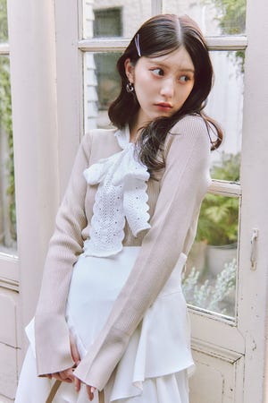 コットンレースリボンニットトップス