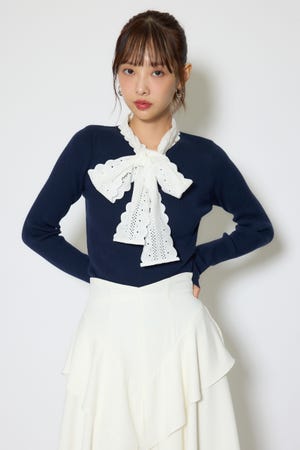 コットンレースリボンニットトップス