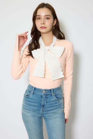 コットンレースリボンニットトップス