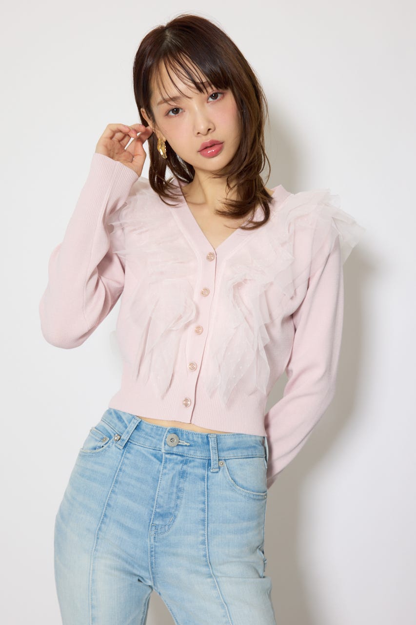 フリルチュールニットカーディガン PNK FREE