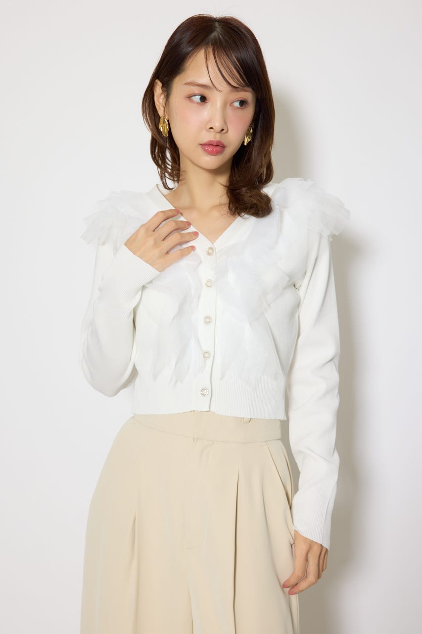 フリルチュールニットカーディガン WHT FREE