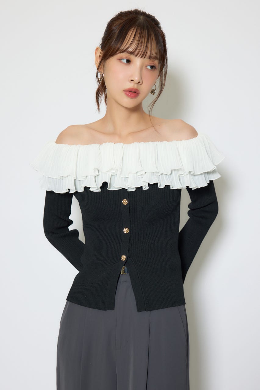 【1/25(日)23:59までSS先行予約会対象アイテム】プリーツレースオフショルニットトップス BLK FREE