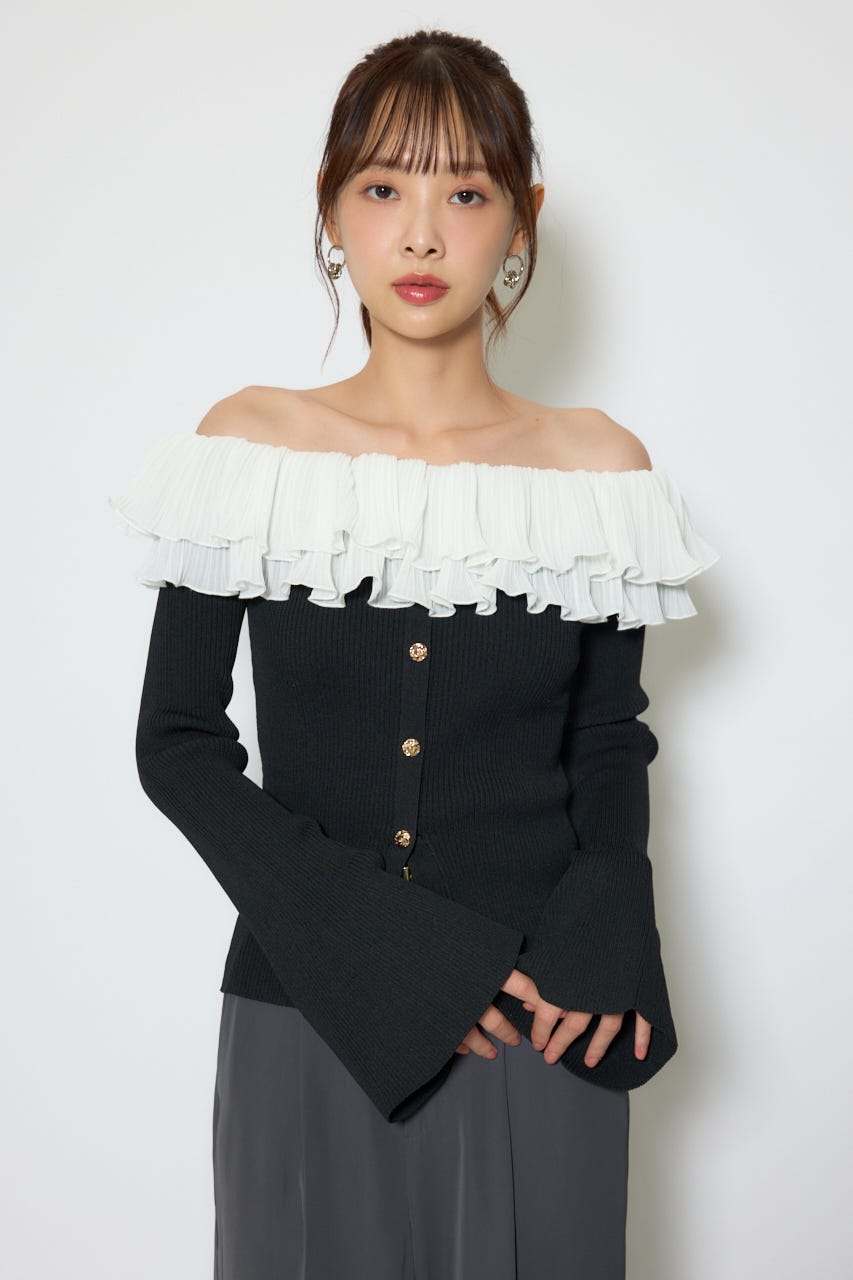 【1/25(日)23:59までSS先行予約会対象アイテム】プリーツレースオフショルニットトップス BLK FREE