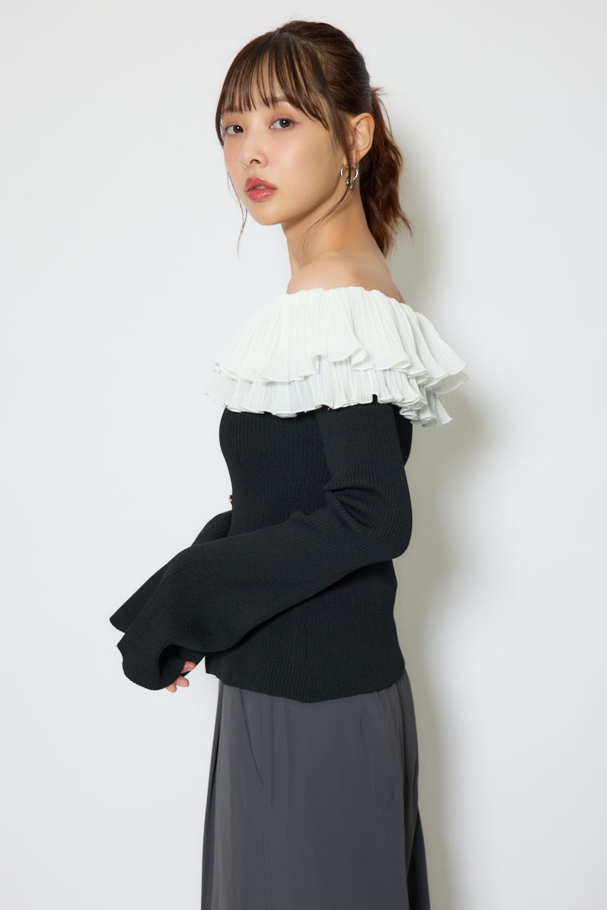 【1/25(日)23:59までSS先行予約会対象アイテム】プリーツレースオフショルニットトップス BLK FREE
