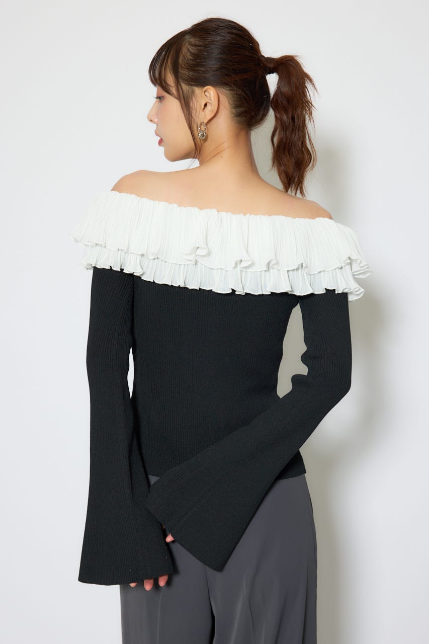 【1/25(日)23:59までSS先行予約会対象アイテム】プリーツレースオフショルニットトップス BLK FREE