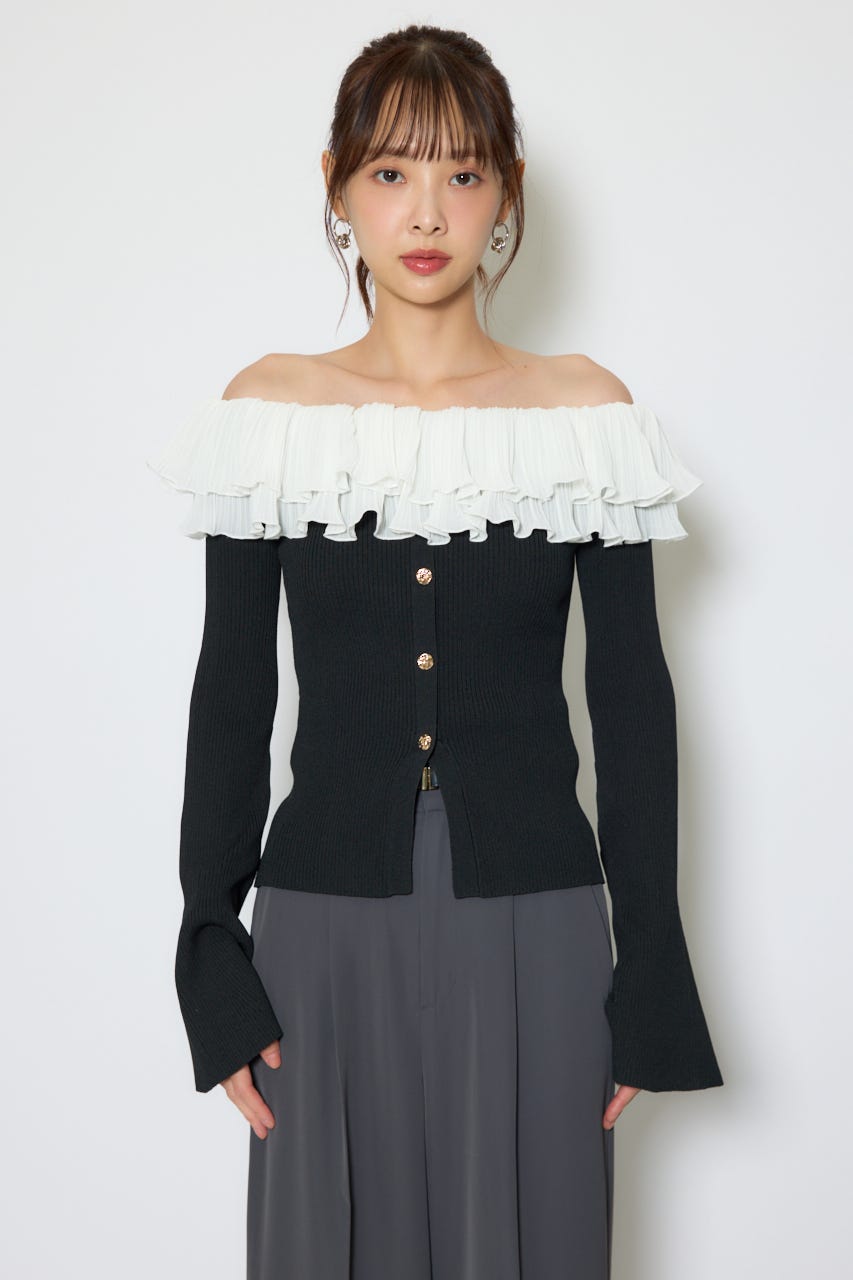 【1/25(日)23:59までSS先行予約会対象アイテム】プリーツレースオフショルニットトップス BLK FREE