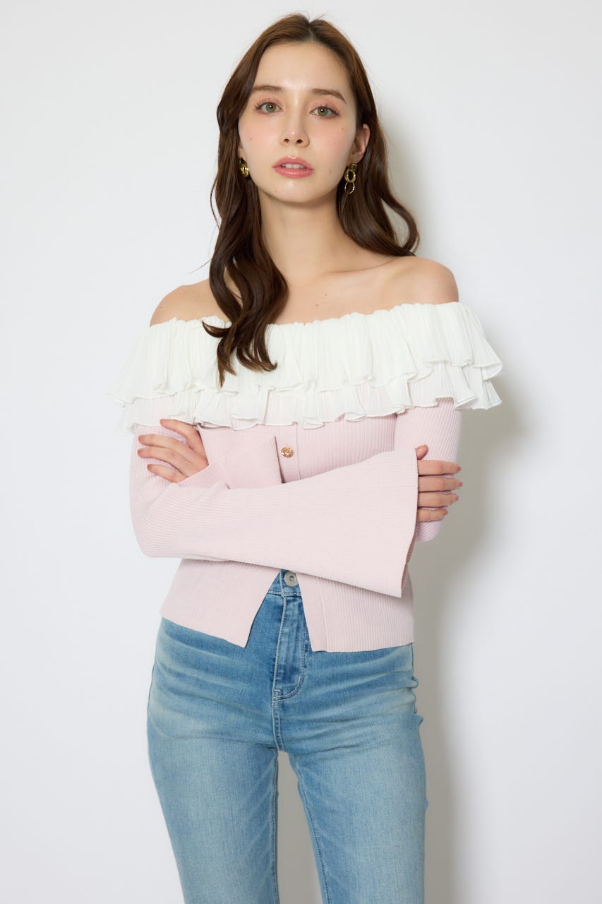 【1/25(日)23:59までSS先行予約会対象アイテム】プリーツレースオフショルニットトップス PNK FREE