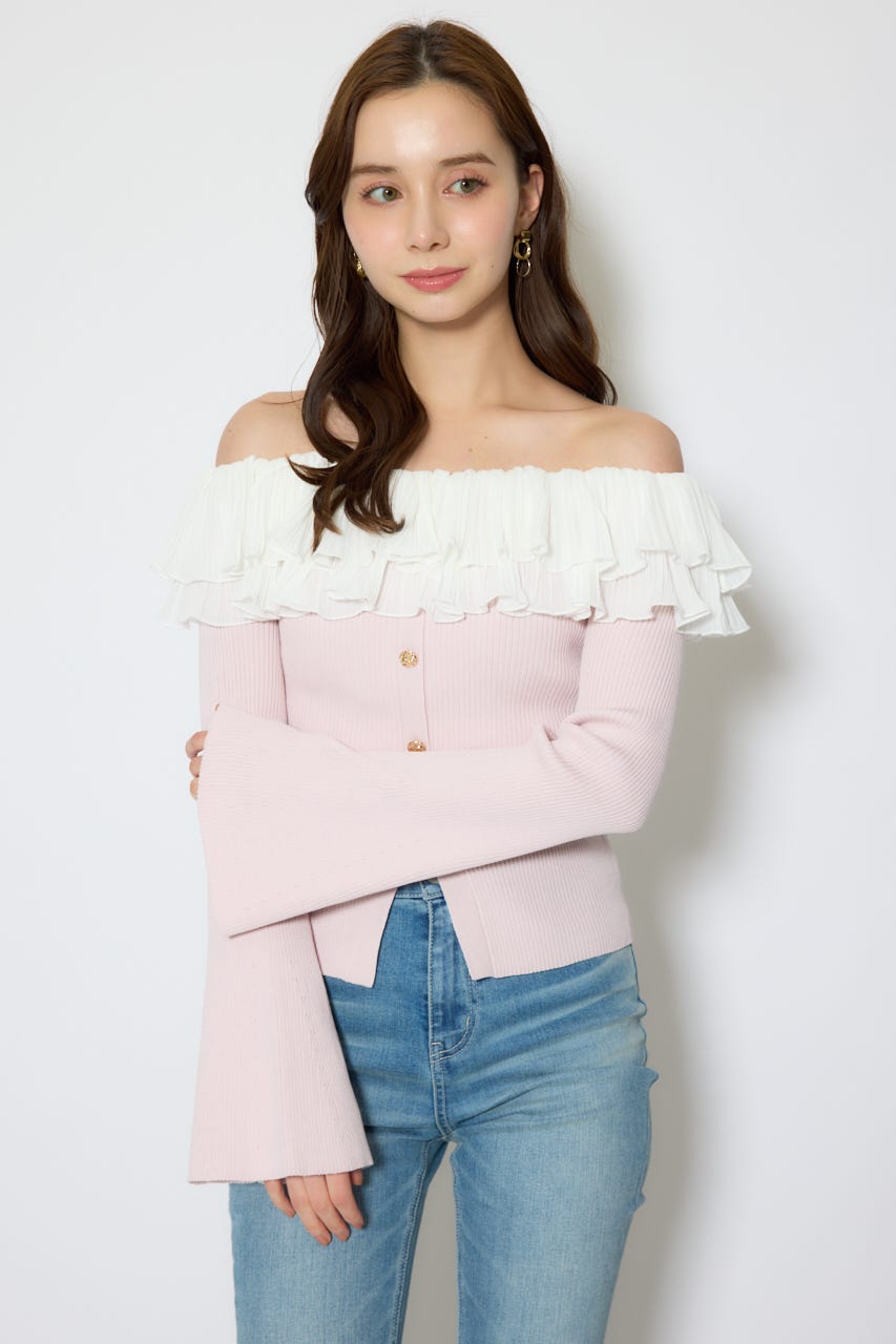 【1/25(日)23:59までSS先行予約会対象アイテム】プリーツレースオフショルニットトップス PNK FREE