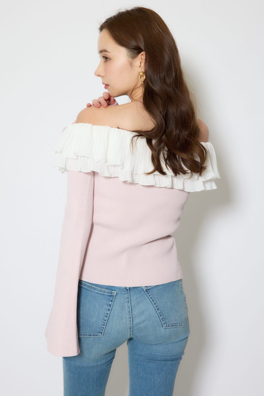 【1/25(日)23:59までSS先行予約会対象アイテム】プリーツレースオフショルニットトップス PNK FREE