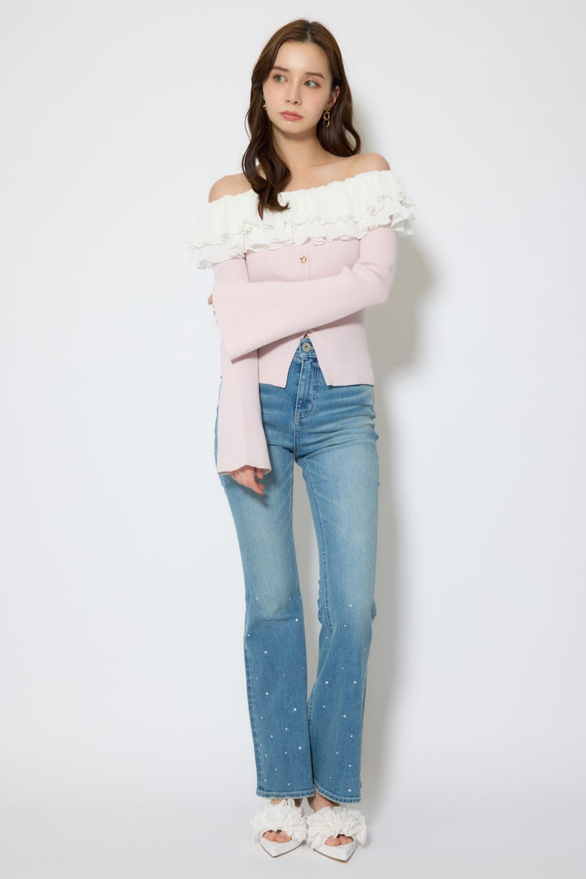 【1/25(日)23:59までSS先行予約会対象アイテム】プリーツレースオフショルニットトップス PNK FREE