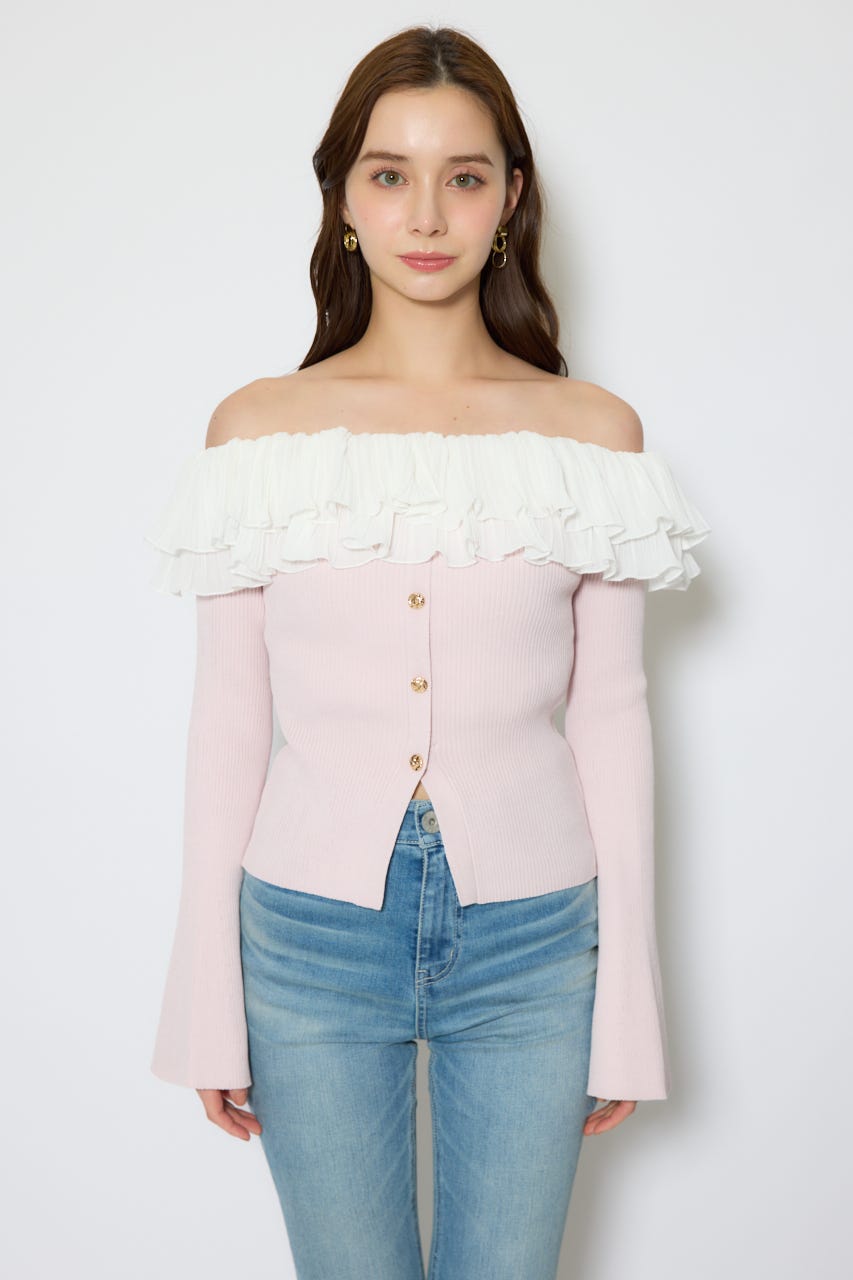 【1/25(日)23:59までSS先行予約会対象アイテム】プリーツレースオフショルニットトップス PNK FREE