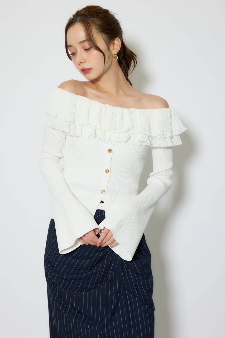 【1/25(日)23:59までSS先行予約会対象アイテム】プリーツレースオフショルニットトップス WHT FREE