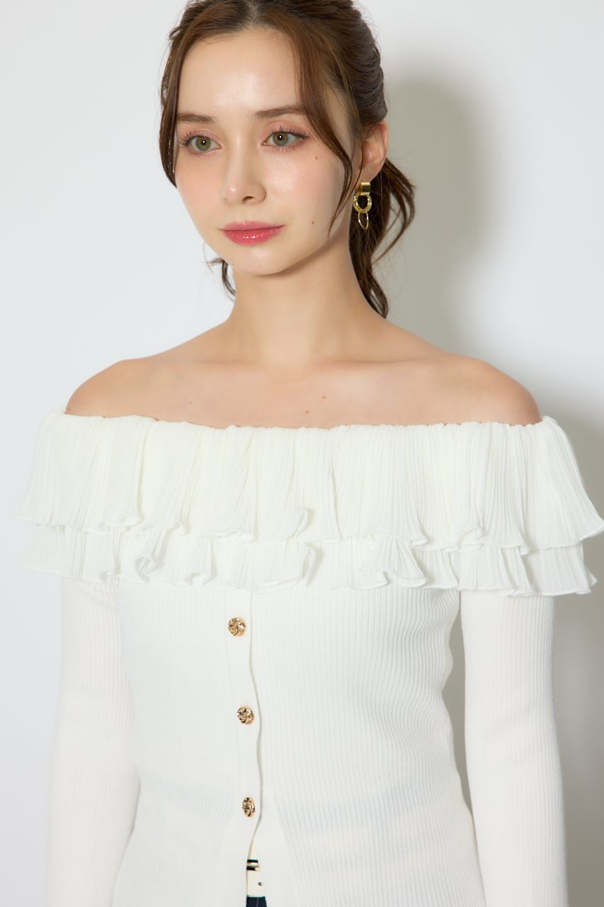 【1/25(日)23:59までSS先行予約会対象アイテム】プリーツレースオフショルニットトップス WHT FREE