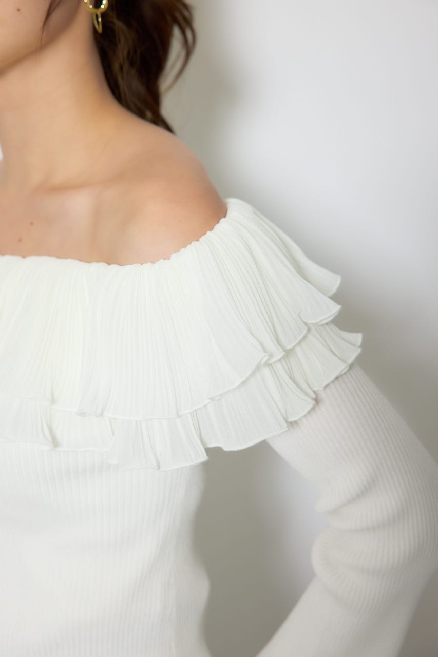 【1/25(日)23:59までSS先行予約会対象アイテム】プリーツレースオフショルニットトップス WHT FREE