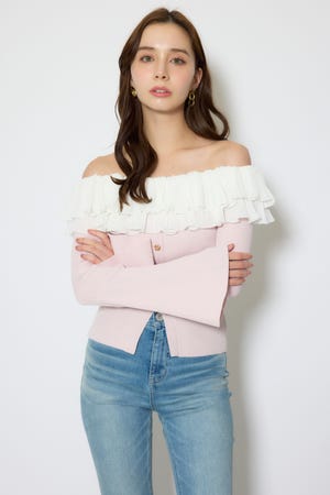 【1/25(日)23:59までSS先行予約会対象アイテム】プリーツレースオフショルニットトップス