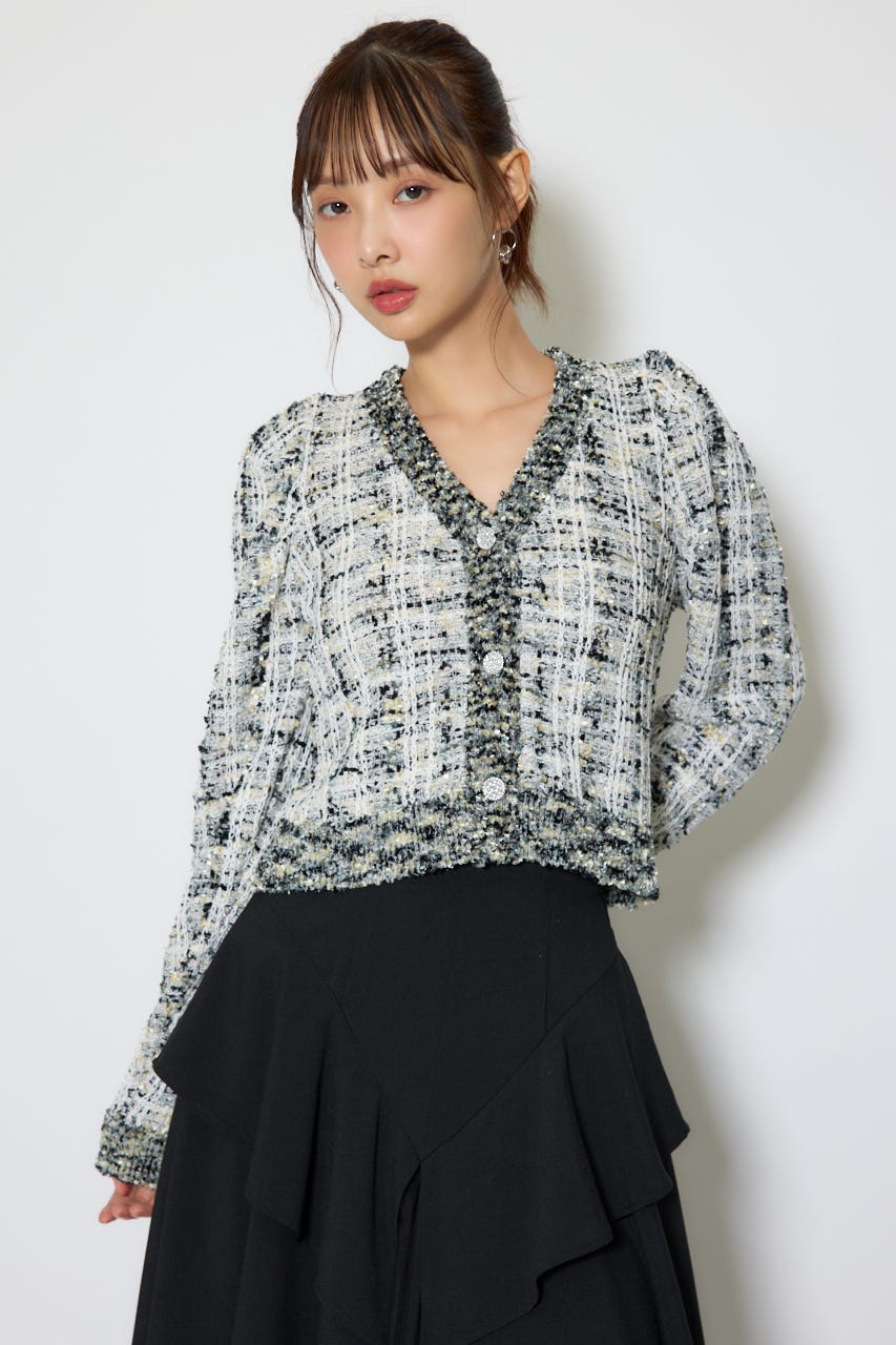 【1/25(日)23:59までSS先行予約会対象アイテム】ツイードニットカーディガントップス BLK FREE