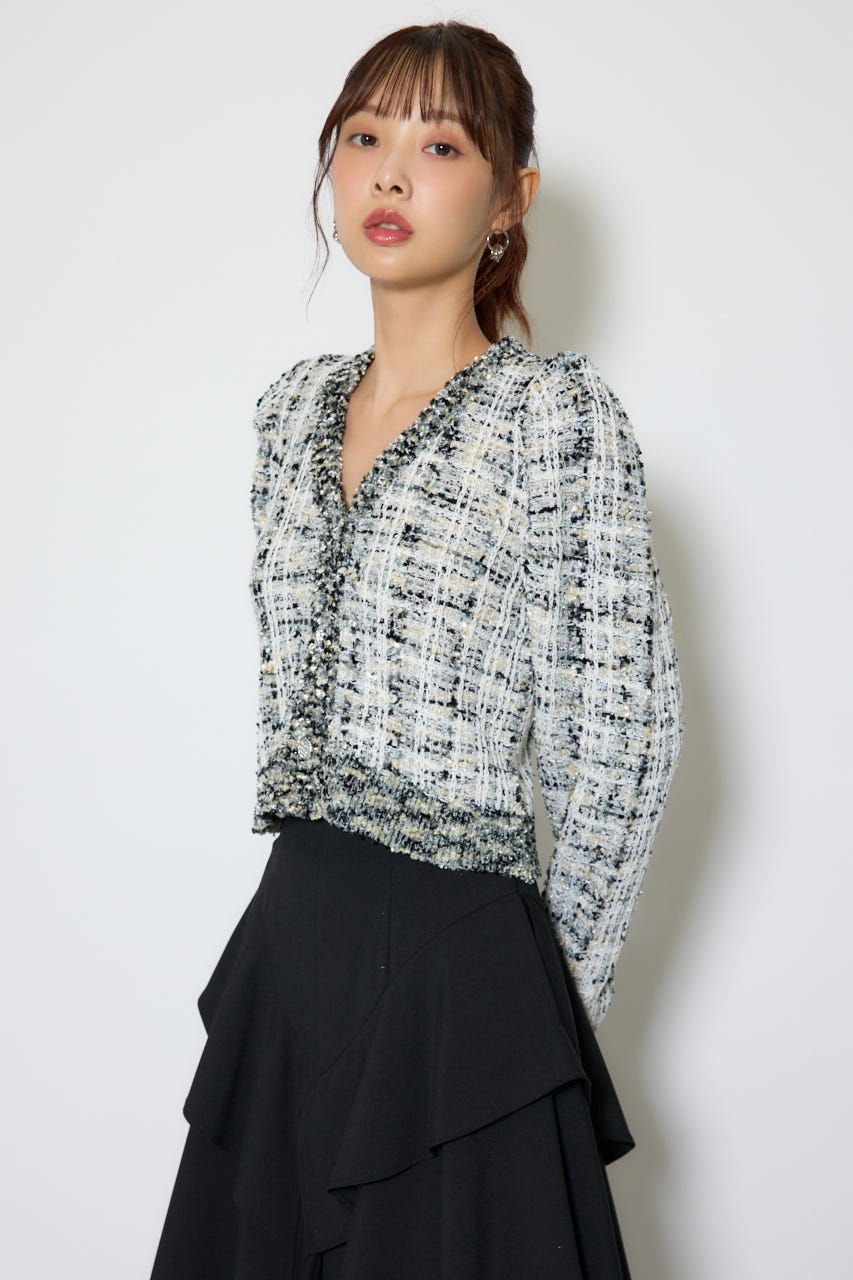 【1/25(日)23:59までSS先行予約会対象アイテム】ツイードニットカーディガントップス BLK FREE