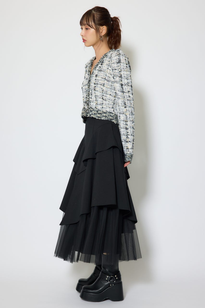 【1/25(日)23:59までSS先行予約会対象アイテム】ツイードニットカーディガントップス BLK FREE