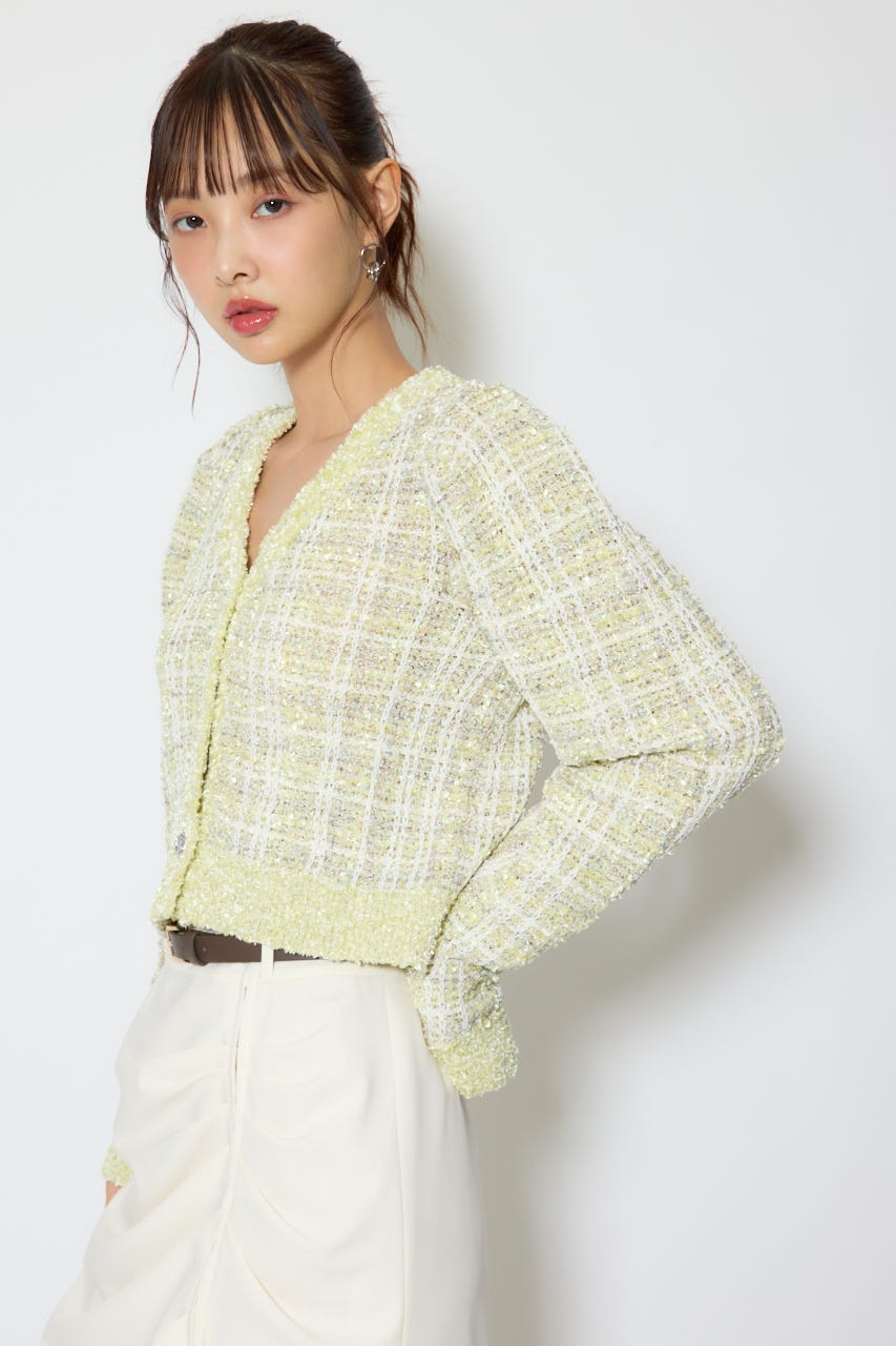 【1/25(日)23:59までSS先行予約会対象アイテム】ツイードニットカーディガントップス GRN FREE