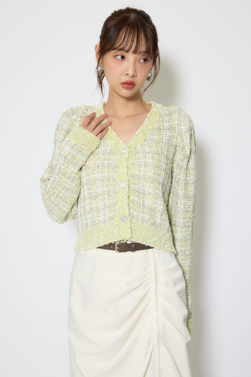 【1/25(日)23:59までSS先行予約会対象アイテム】ツイードニットカーディガントップス GRN FREE