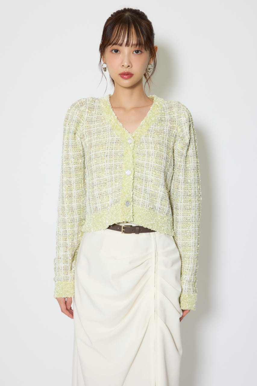 【1/25(日)23:59までSS先行予約会対象アイテム】ツイードニットカーディガントップス GRN FREE