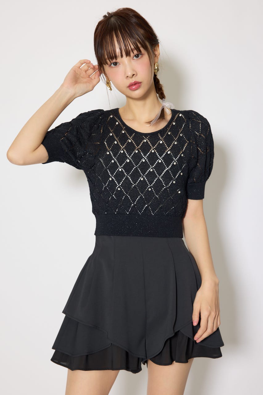 【WEB限定】ビジュー付きバックリボンニットトップス BLK FREE