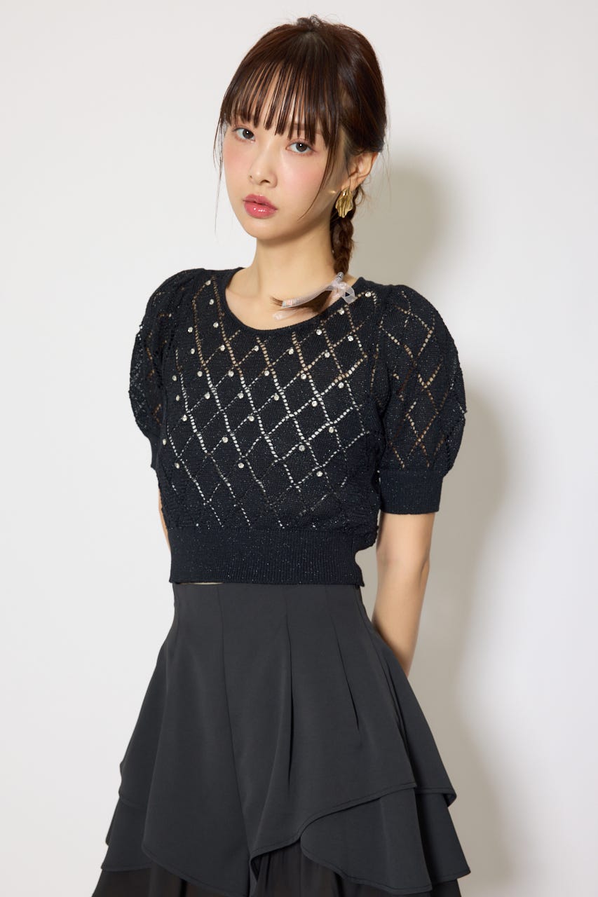 【WEB限定】ビジュー付きバックリボンニットトップス BLK FREE