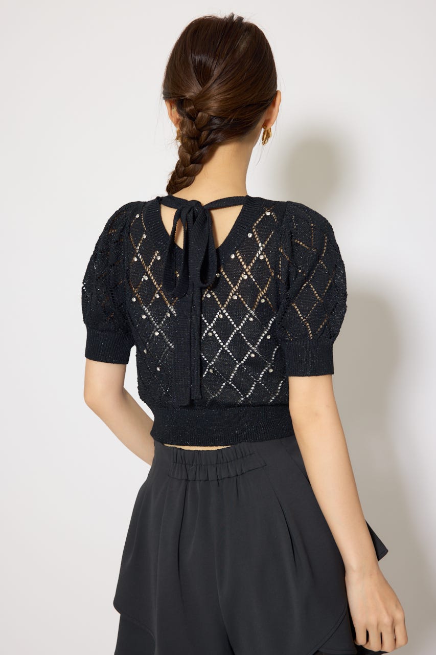 【WEB限定】ビジュー付きバックリボンニットトップス BLK FREE
