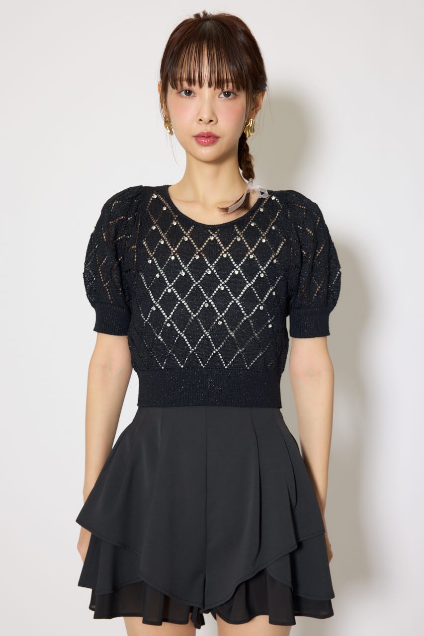 【WEB限定】ビジュー付きバックリボンニットトップス BLK FREE