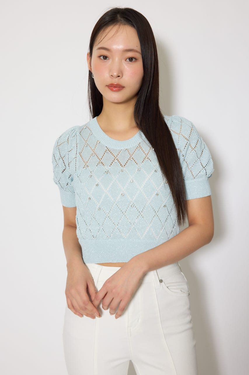 ビジュー付きバックリボンニットトップス BLU FREE