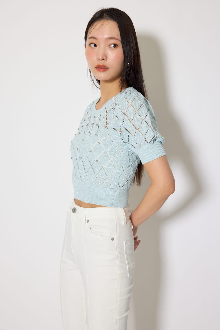 ビジュー付きバックリボンニットトップス BLU FREE
