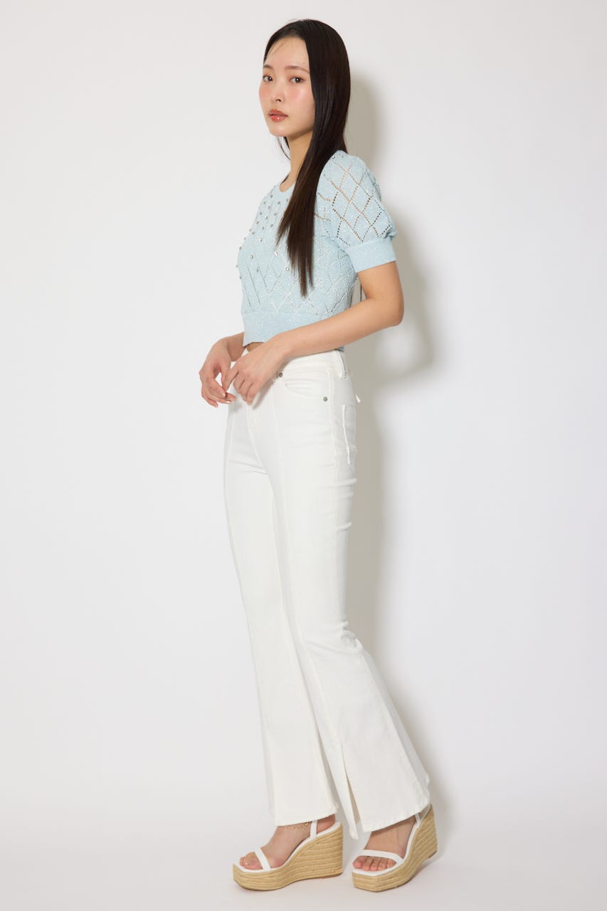 ビジュー付きバックリボンニットトップス BLU FREE