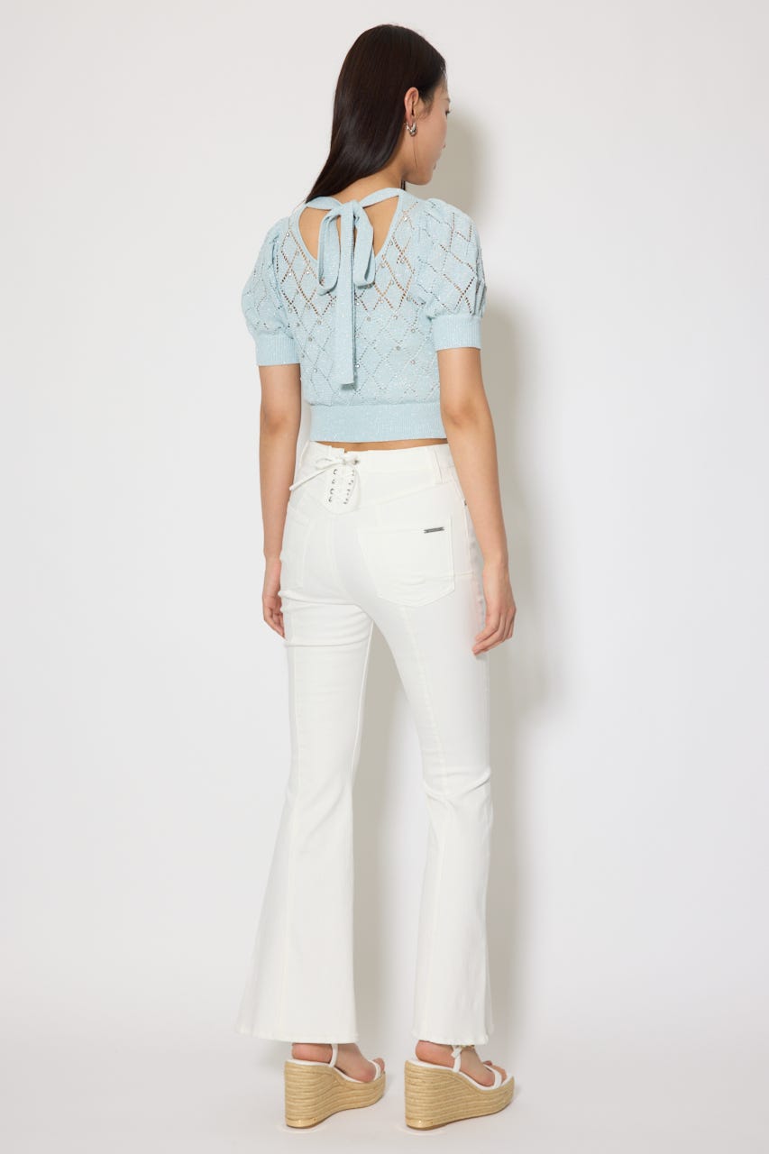 ビジュー付きバックリボンニットトップス BLU FREE