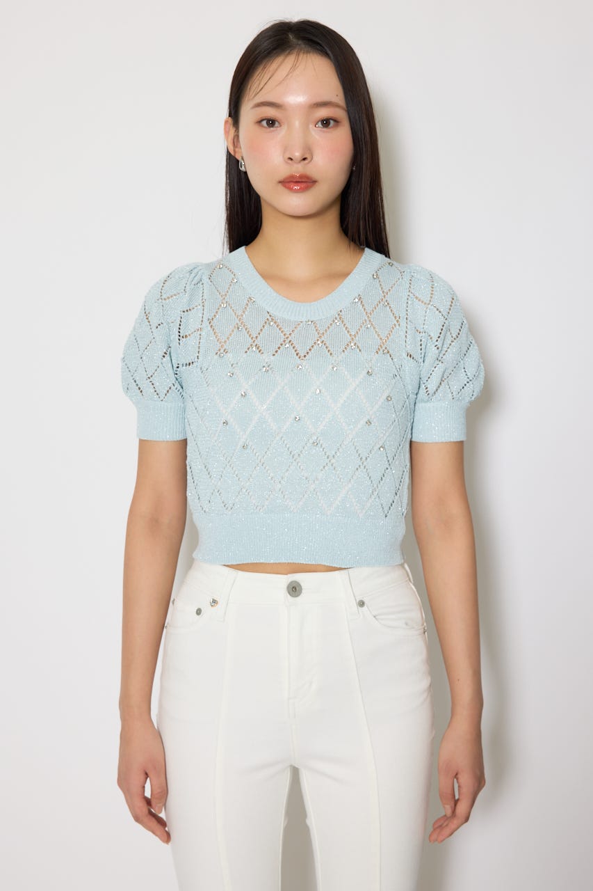 ビジュー付きバックリボンニットトップス BLU FREE