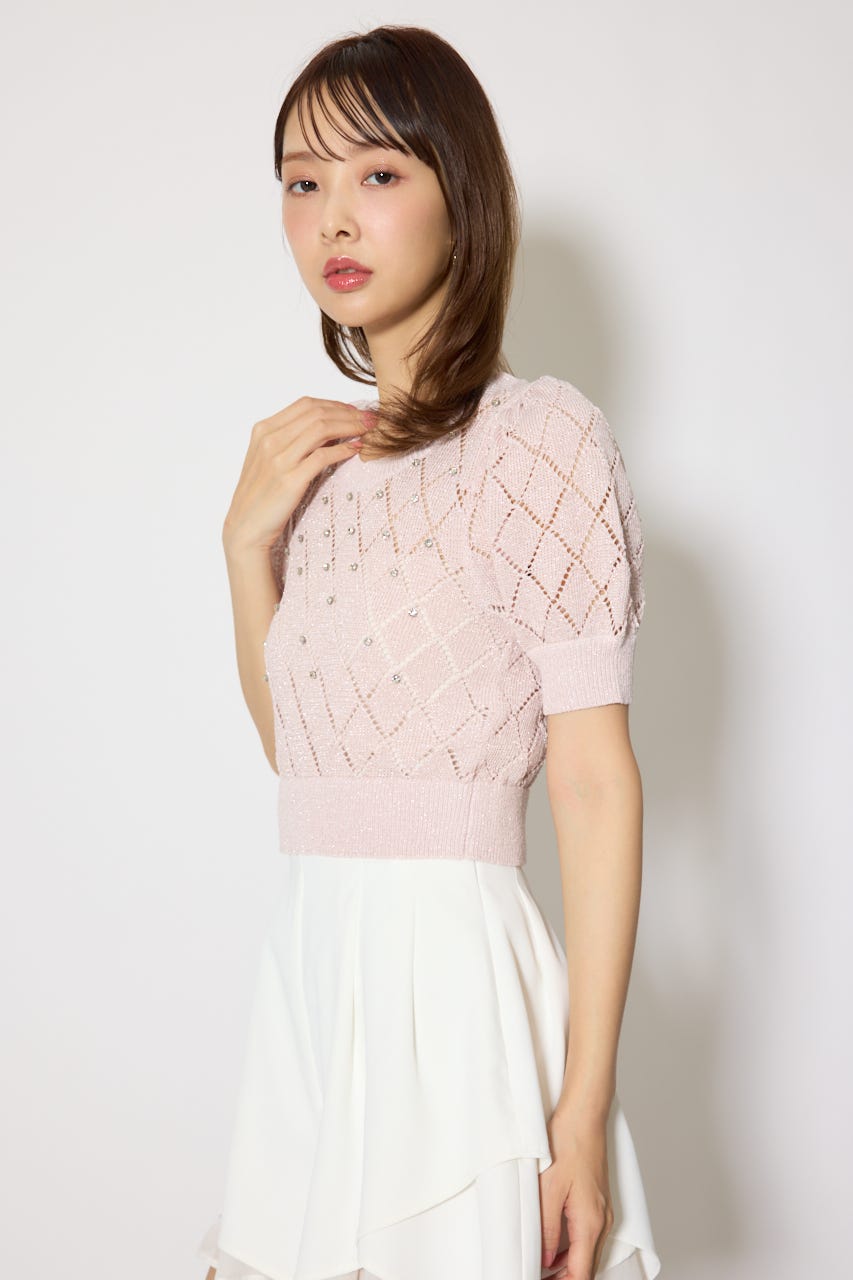 ビジュー付きバックリボンニットトップス PNK FREE