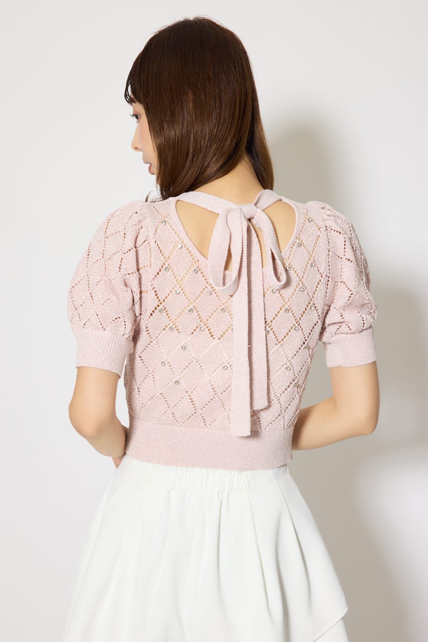 ビジュー付きバックリボンニットトップス PNK FREE