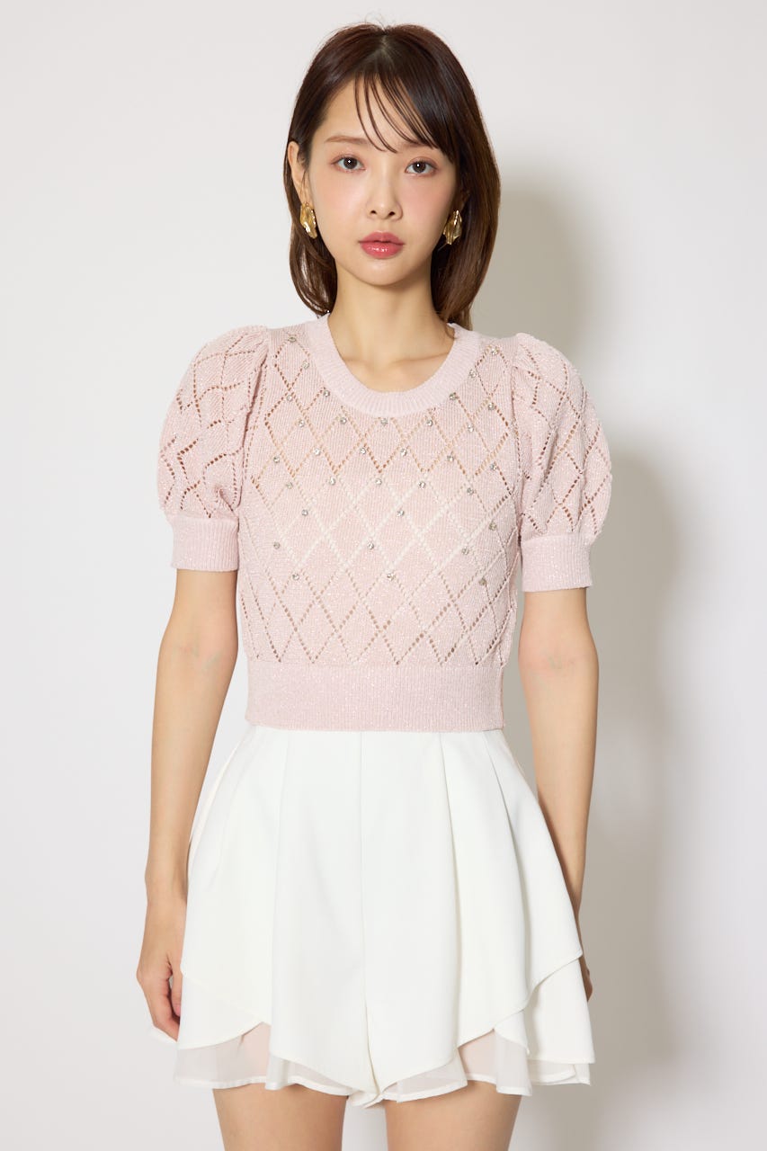 ビジュー付きバックリボンニットトップス PNK FREE