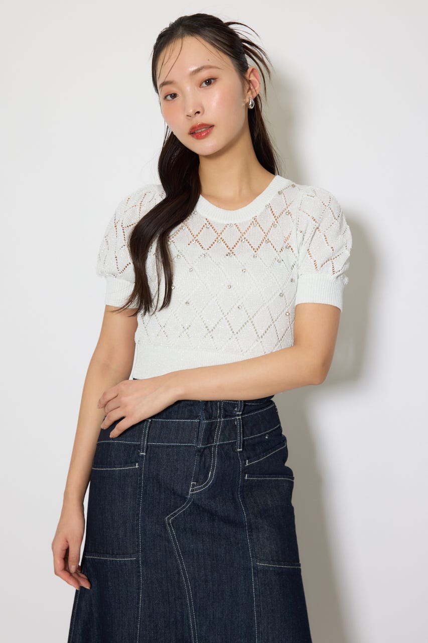 ビジュー付きバックリボンニットトップス WHT FREE