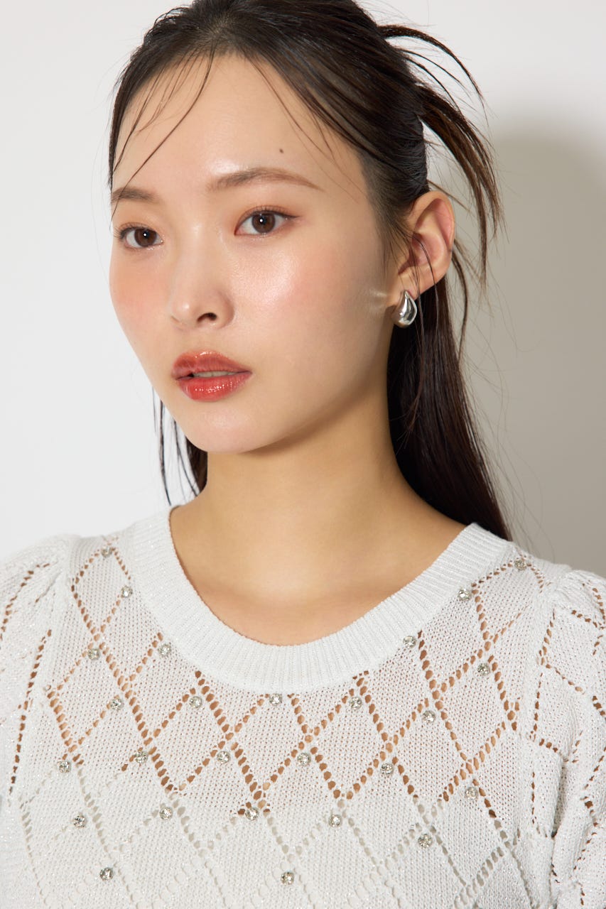 ビジュー付きバックリボンニットトップス WHT FREE