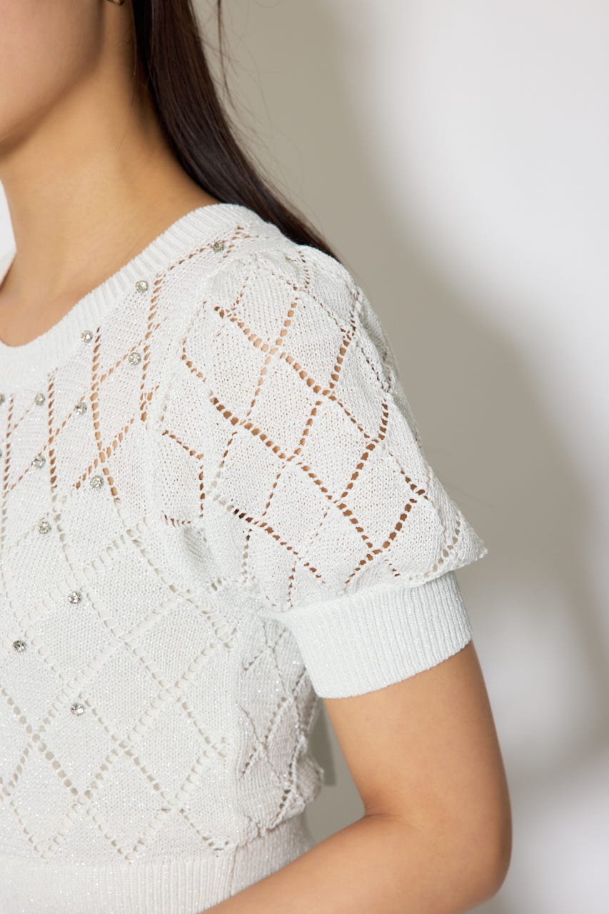 ビジュー付きバックリボンニットトップス WHT FREE