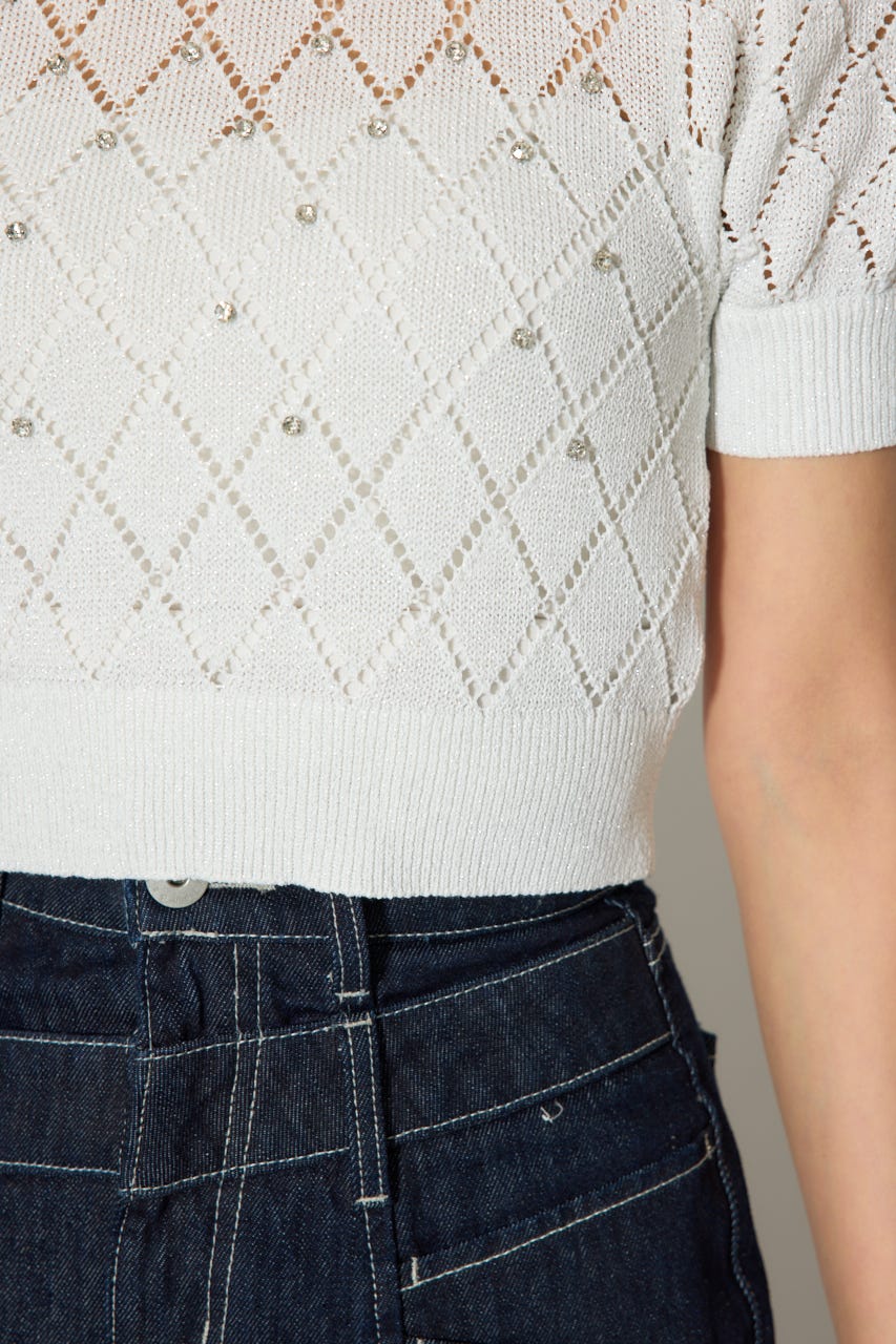 ビジュー付きバックリボンニットトップス WHT FREE