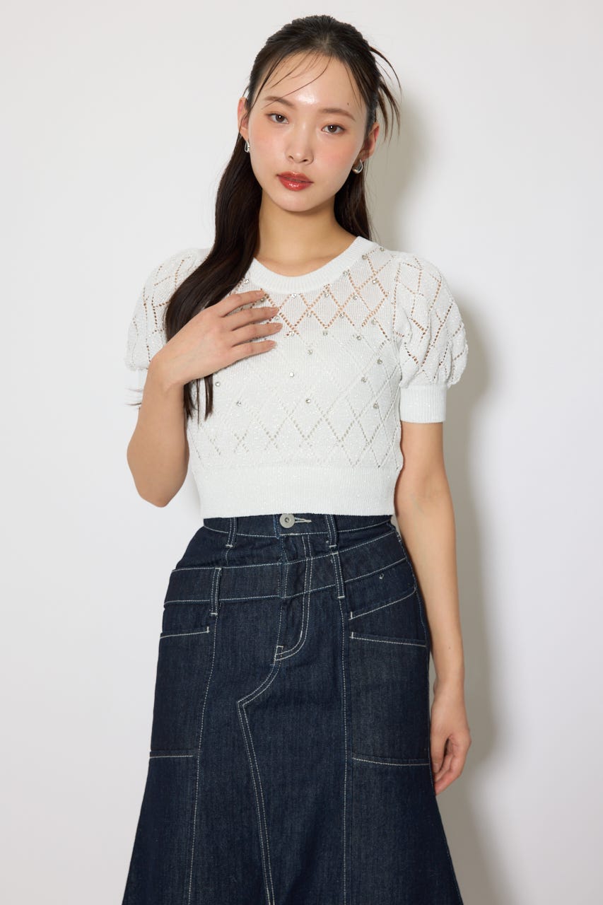 ビジュー付きバックリボンニットトップス WHT FREE
