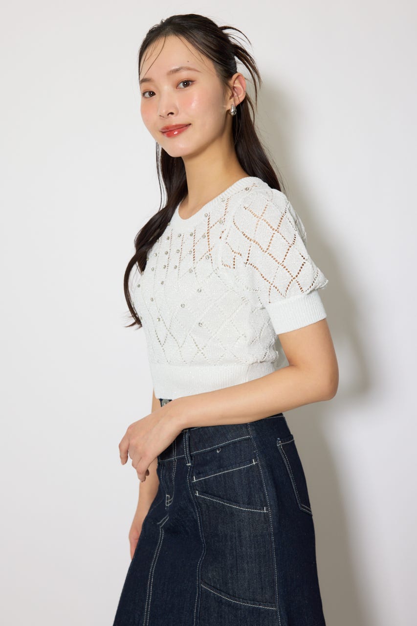 ビジュー付きバックリボンニットトップス WHT FREE