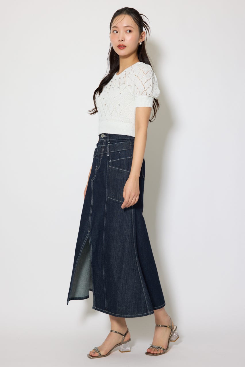 ビジュー付きバックリボンニットトップス WHT FREE