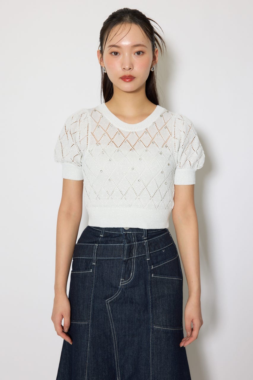 ビジュー付きバックリボンニットトップス WHT FREE
