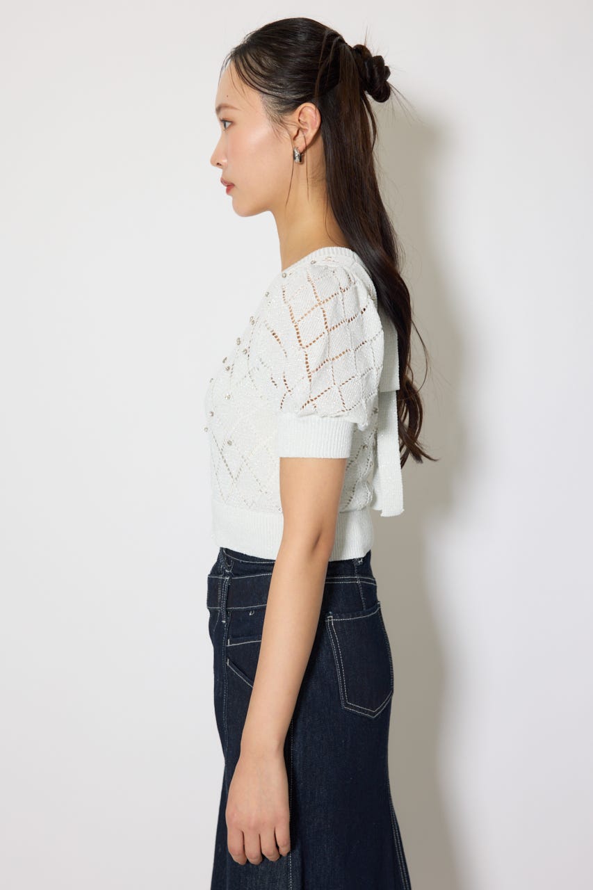 ビジュー付きバックリボンニットトップス WHT FREE