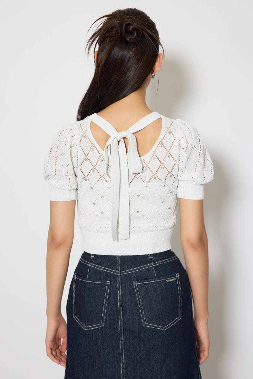 ビジュー付きバックリボンニットトップス WHT FREE